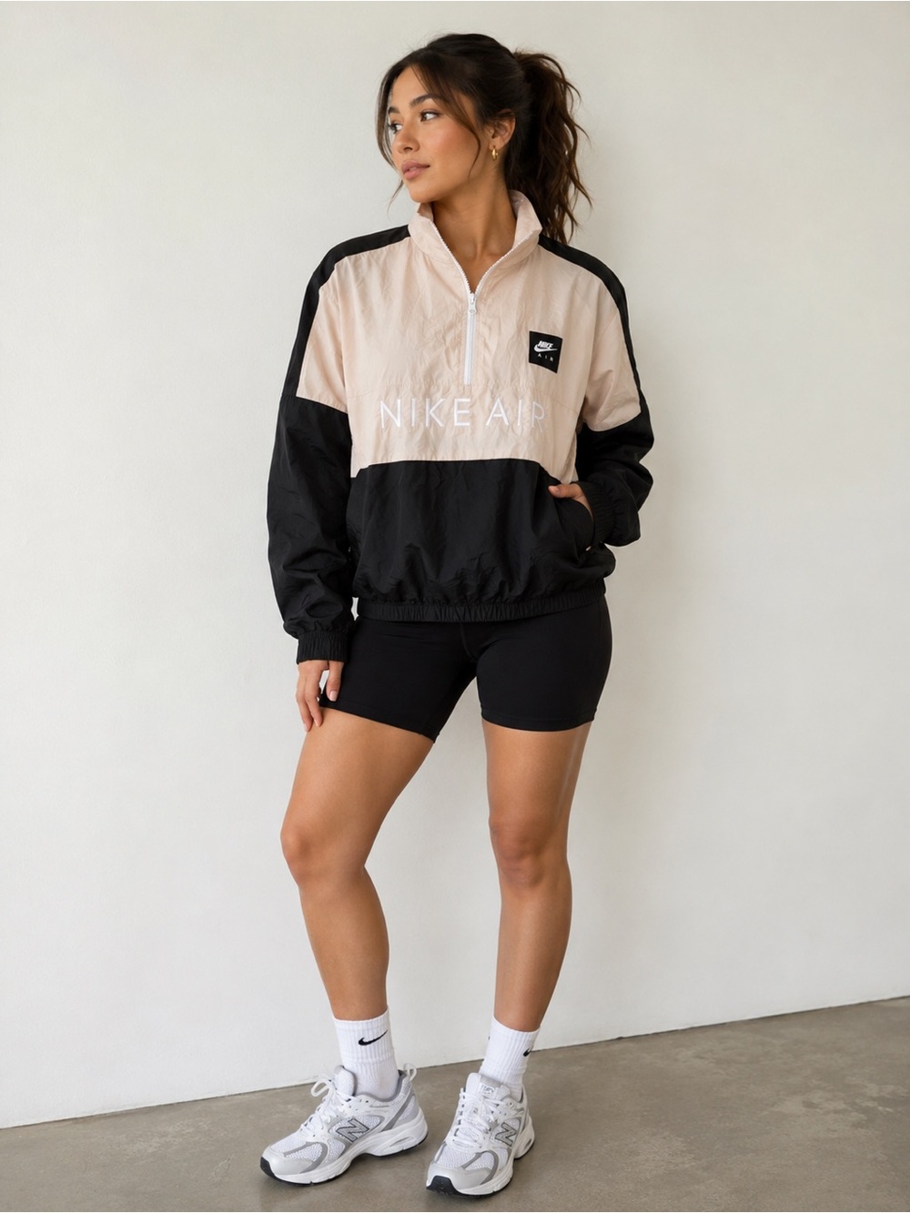 Nike Air Half Zip Windbreaker Jacket Size Medium Beige Black Pullover Y2K 90s